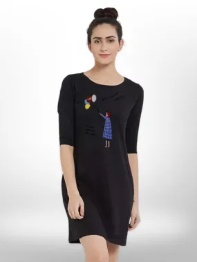 BALLOON WITH GIRL PRINTED THREE QUARTER SLEEVE T-SHIRT SIDE POCKET FOR WOMEN'S