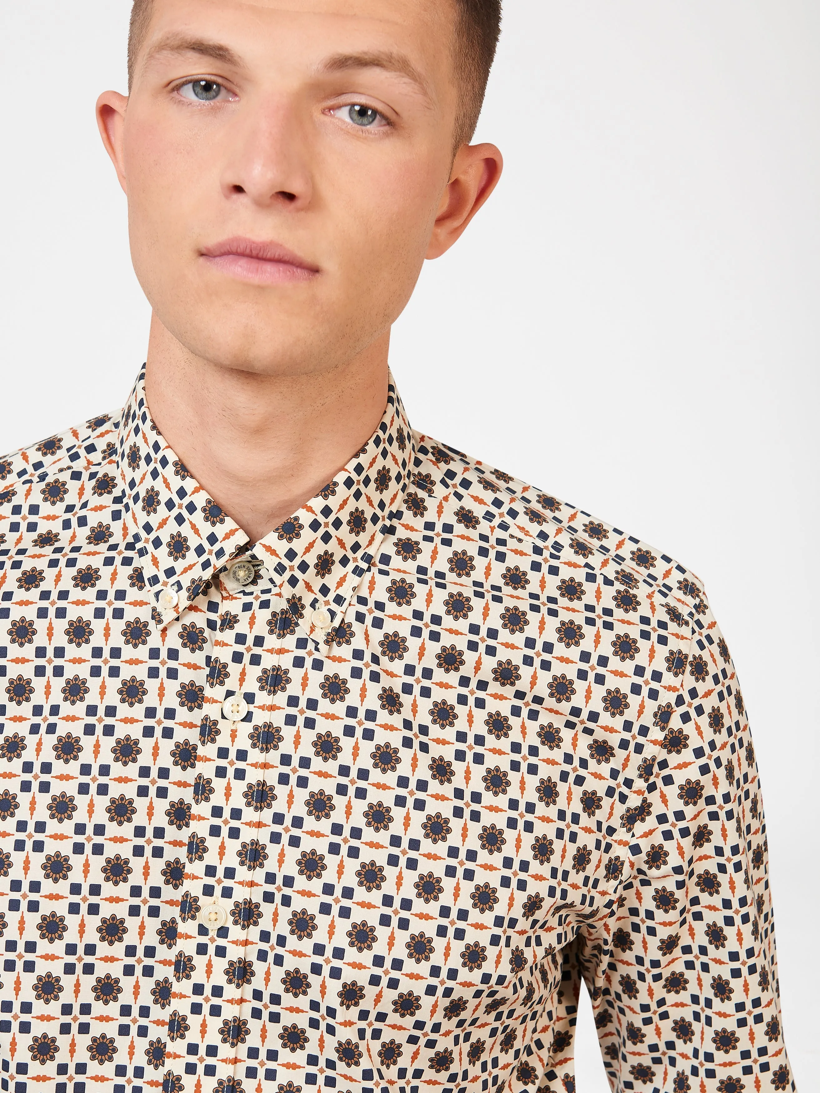Ben Sherman Foulard Print Poplin Long Sleeve Shirt - Cream
