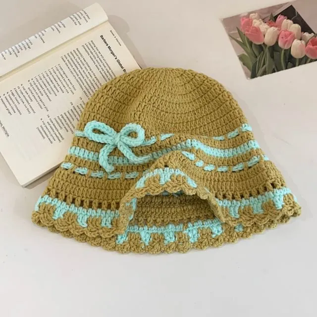 Bow Striped Knit Bonnet Hat