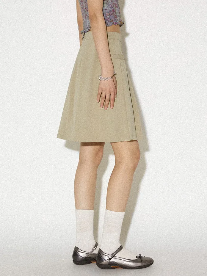 Box-Pleats Simple Belt Casual Middle Plain Skirt