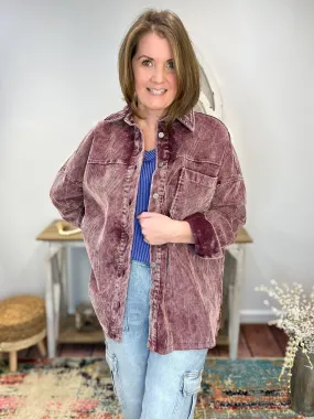 Casual Vintage Washed Corduroy Shacket - Eggplant
