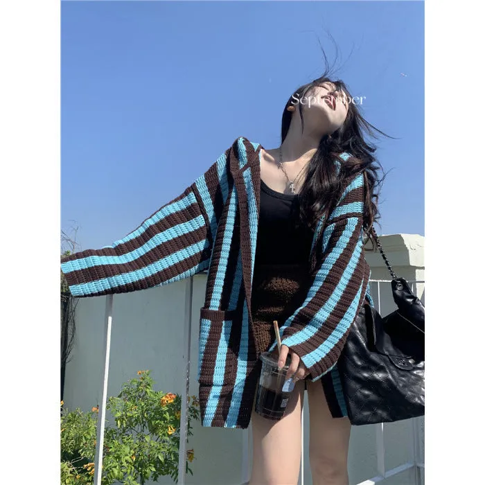 christmas outfit Sonicelife Knit Contrast Color Stripe Hooded Cardigan