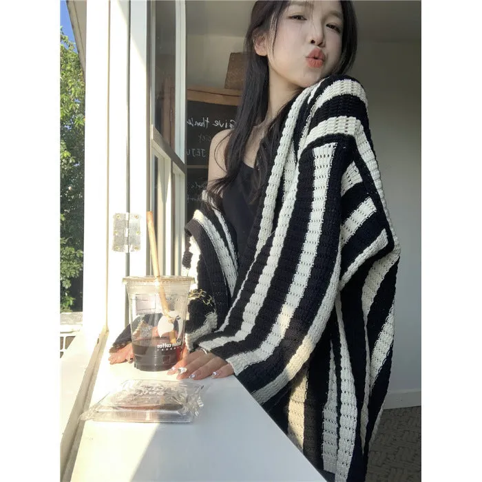 christmas outfit Sonicelife Knit Contrast Color Stripe Hooded Cardigan