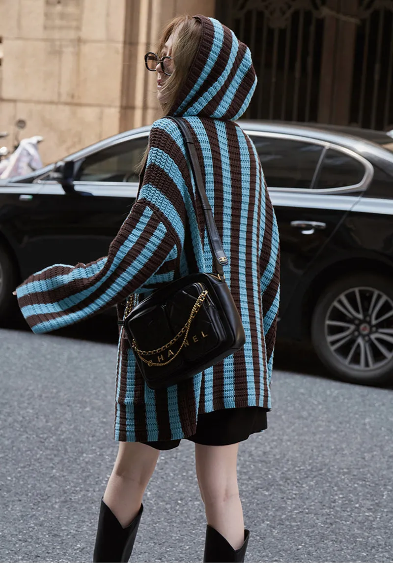 christmas outfit Sonicelife Knit Contrast Color Stripe Hooded Cardigan
