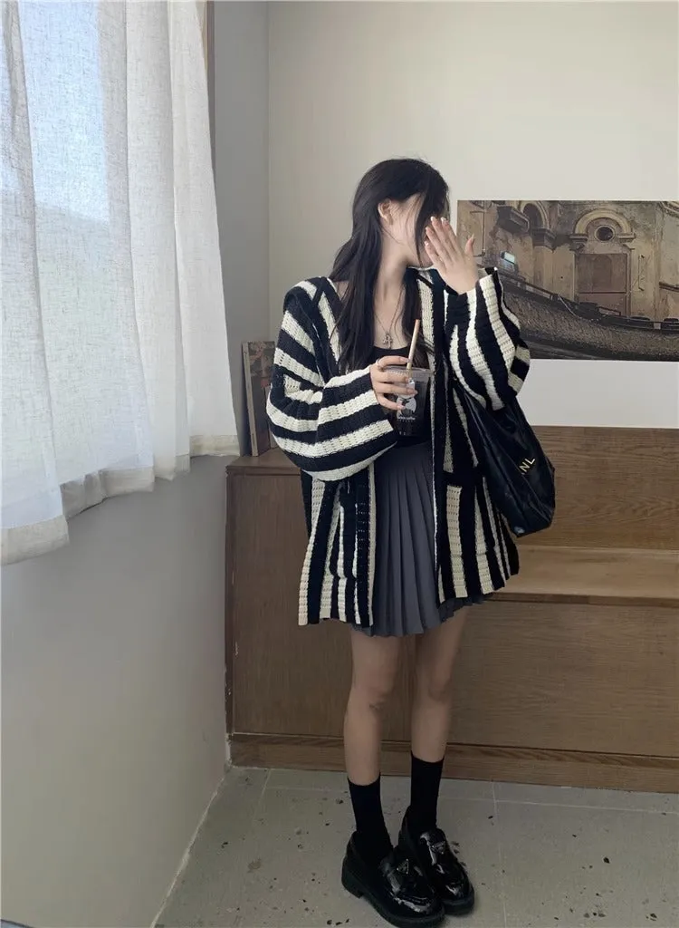 christmas outfit Sonicelife Knit Contrast Color Stripe Hooded Cardigan