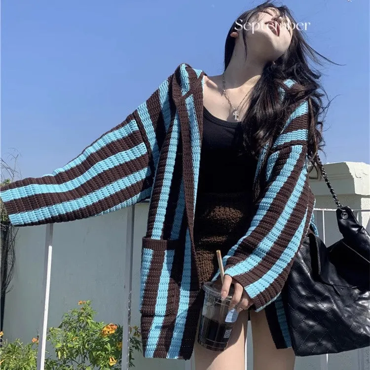 christmas outfit Sonicelife Knit Contrast Color Stripe Hooded Cardigan