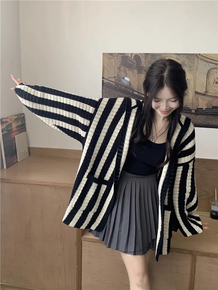 christmas outfit Sonicelife Knit Contrast Color Stripe Hooded Cardigan
