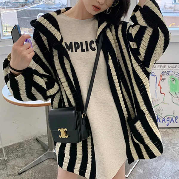christmas outfit Sonicelife Knit Contrast Color Stripe Hooded Cardigan
