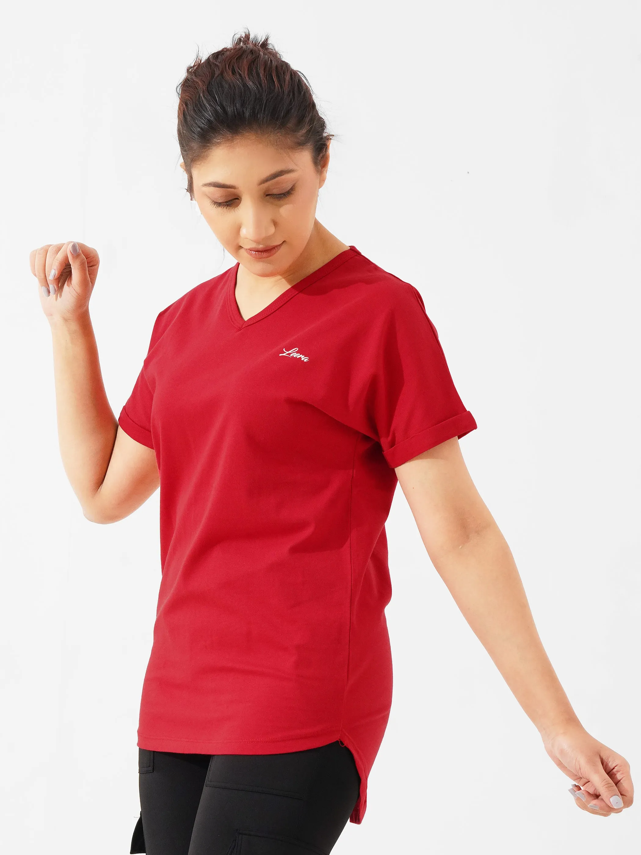 Cover Long Loose Fit V-Neck Top in Red