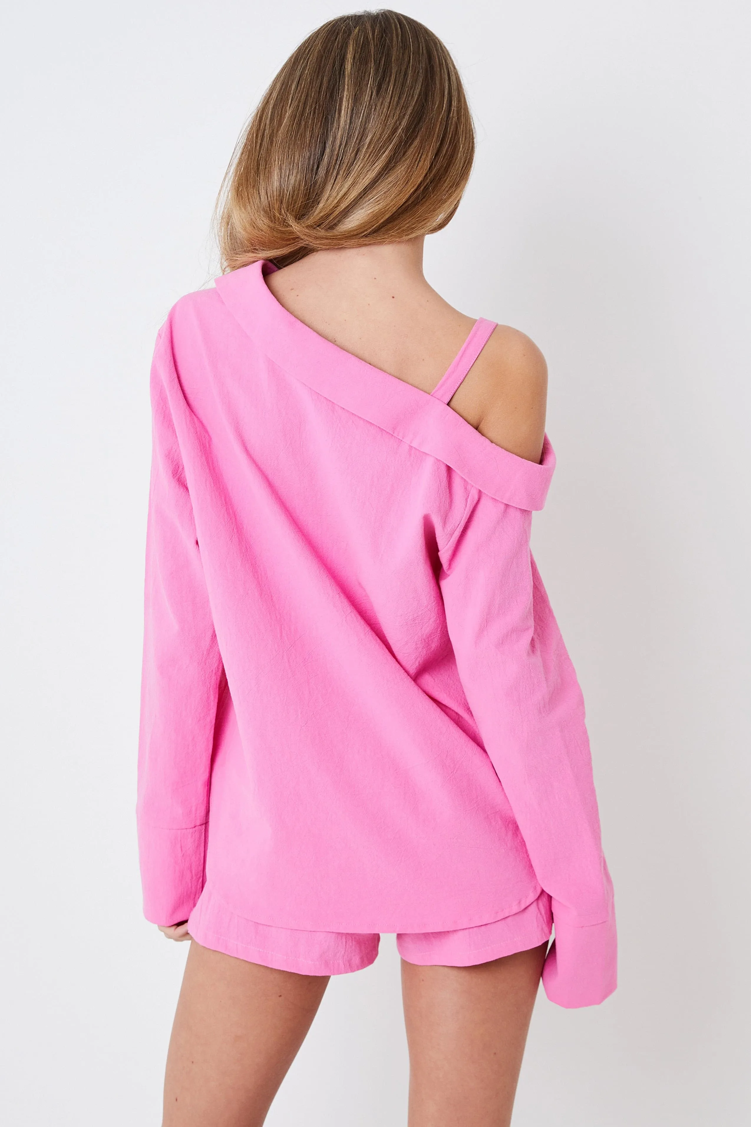 Creea Pink Cold Shoulder Asymmetric Shirt