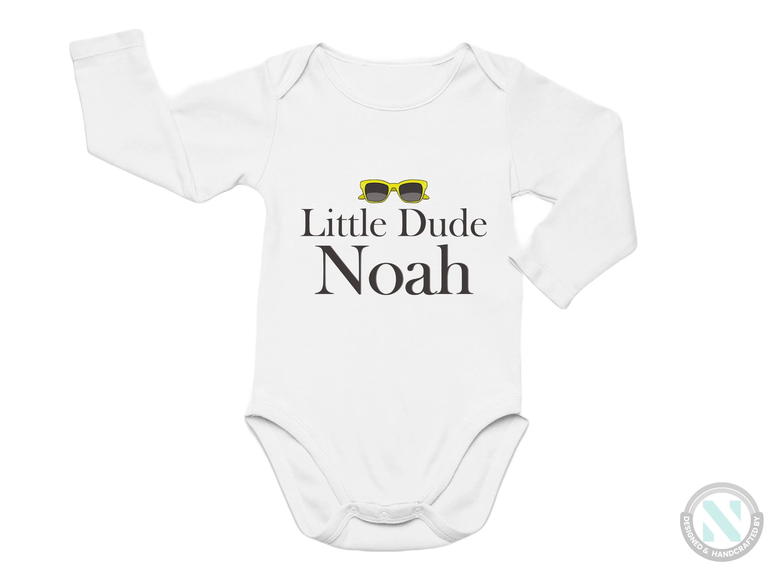 Custom Name Short Sleeve Bodysuit with Little Dude text For Baby Boys