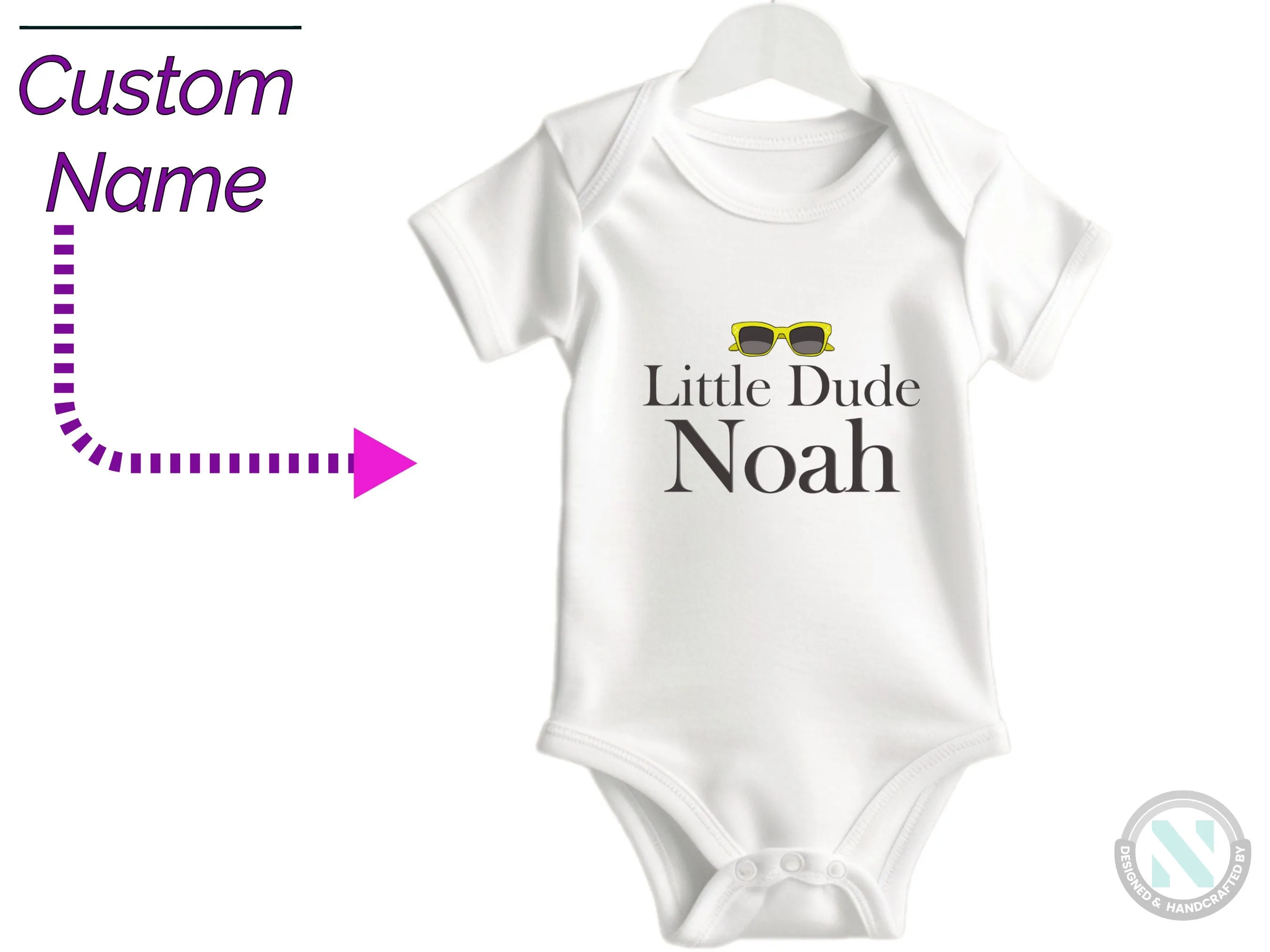 Custom Name Short Sleeve Bodysuit with Little Dude text For Baby Boys