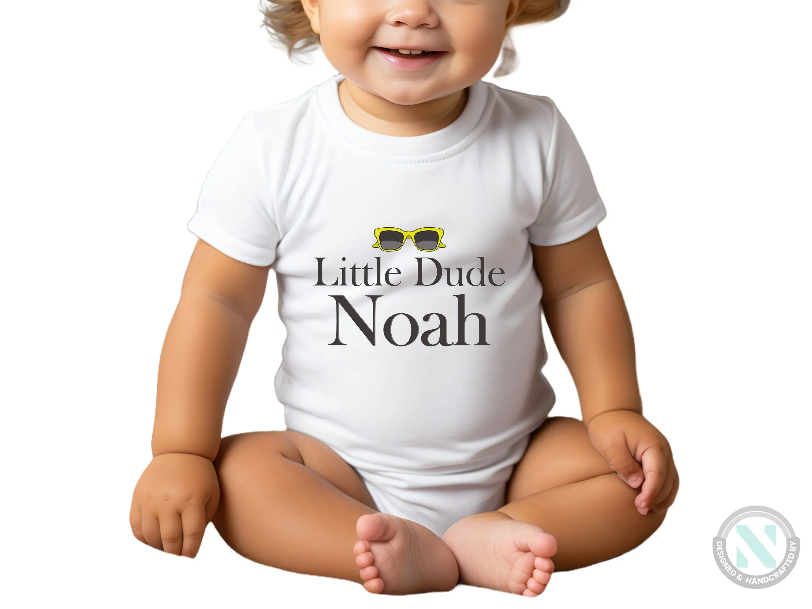 Custom Name Short Sleeve Bodysuit with Little Dude text For Baby Boys