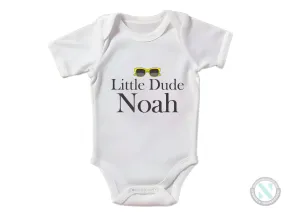 Custom Name Short Sleeve Bodysuit with Little Dude text For Baby Boys