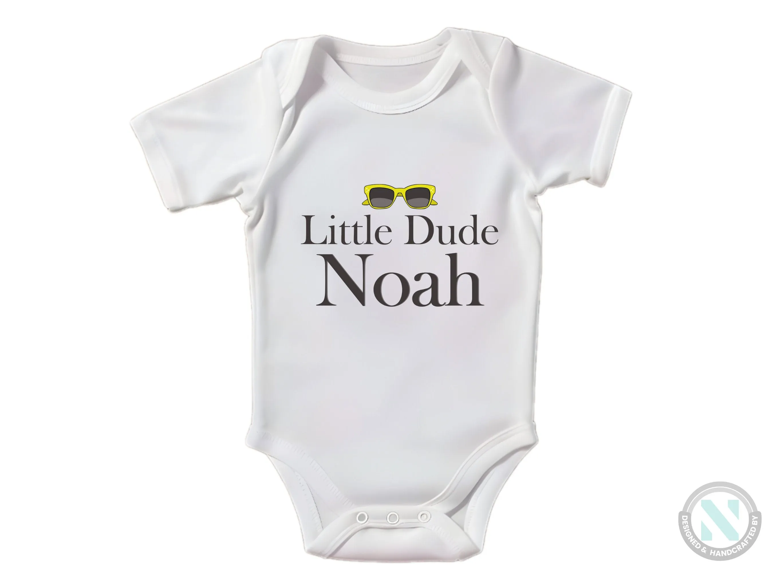 Custom Name Short Sleeve Bodysuit with Little Dude text For Baby Boys