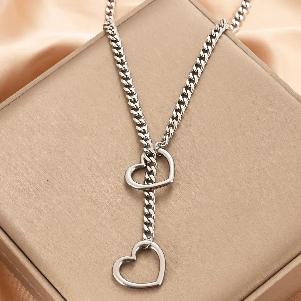 Double Heart Charm Cuban Link Necklace