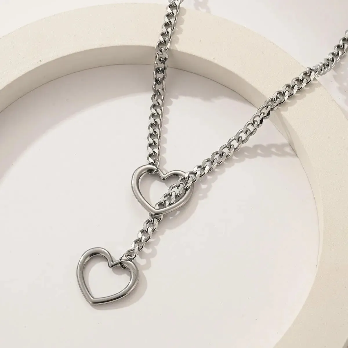 Double Heart Charm Cuban Link Necklace