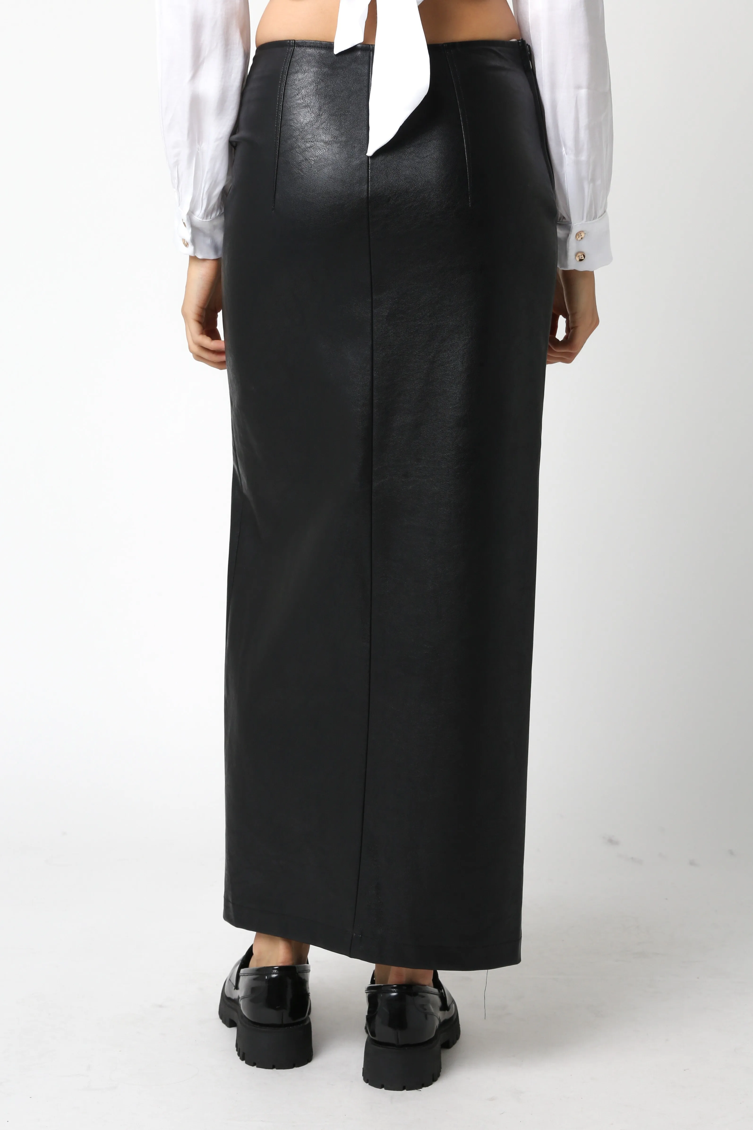 faux leather leg split maxi skirt