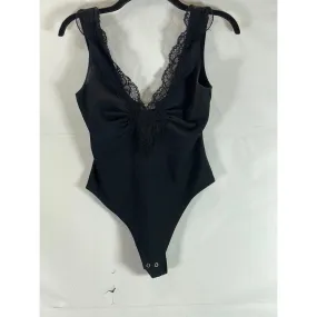 FREE PEOPLE Women's Black First Call V-Neck Lace-Trim Ribbed Thong Bodysuit SZXS