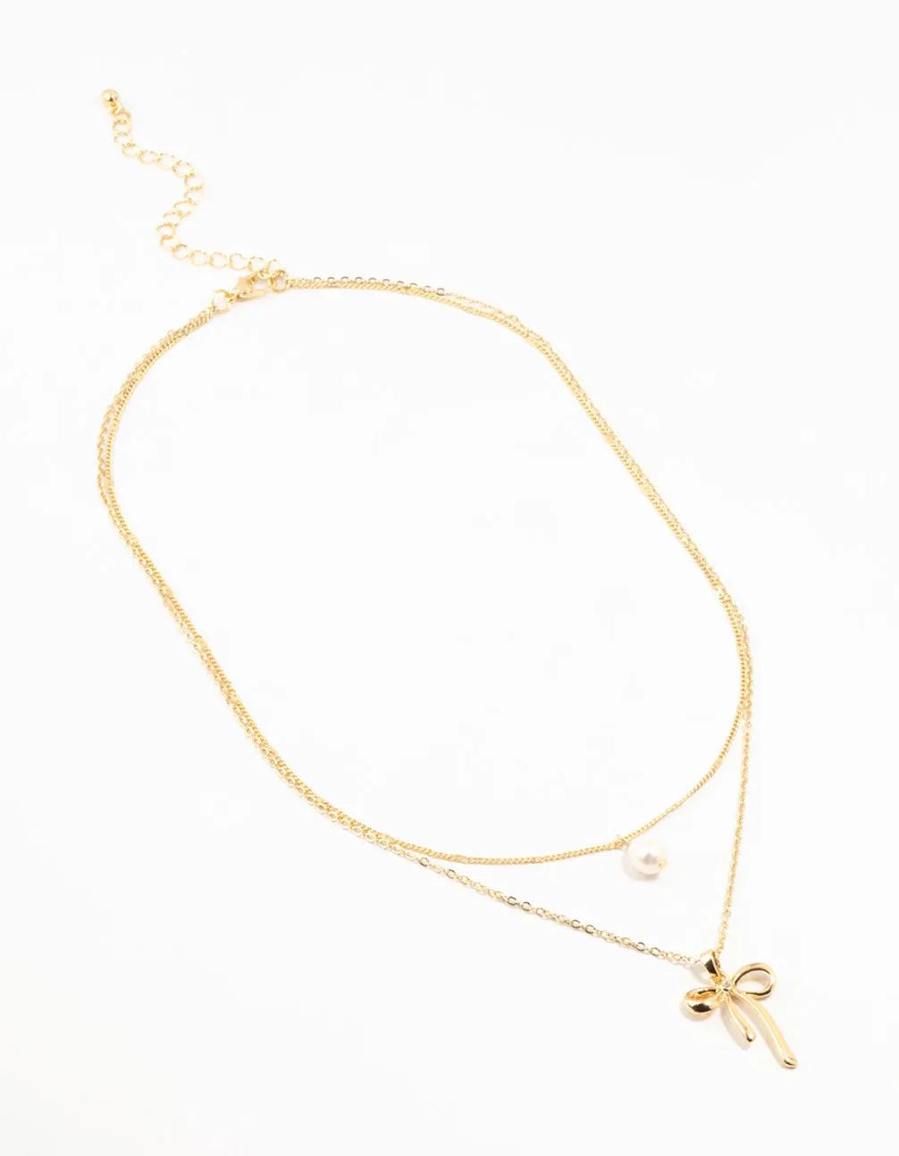 Gold Plated Bow & Pearl Layered Necklace