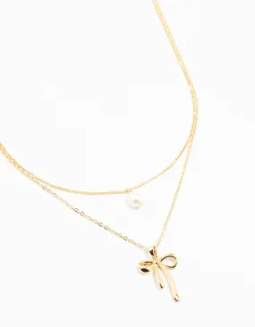 Gold Plated Bow & Pearl Layered Necklace