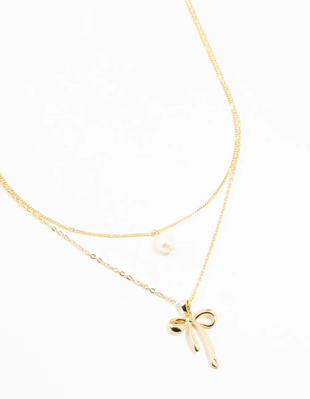 Gold Plated Bow & Pearl Layered Necklace
