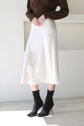 High Waist A-Line Midi Satin Skirt Ivory