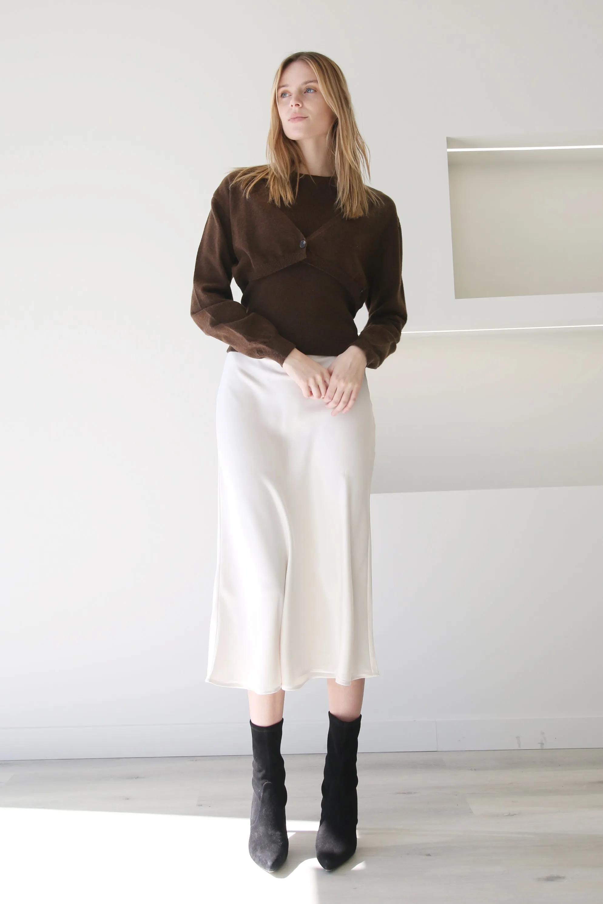 High Waist A-Line Midi Satin Skirt Ivory