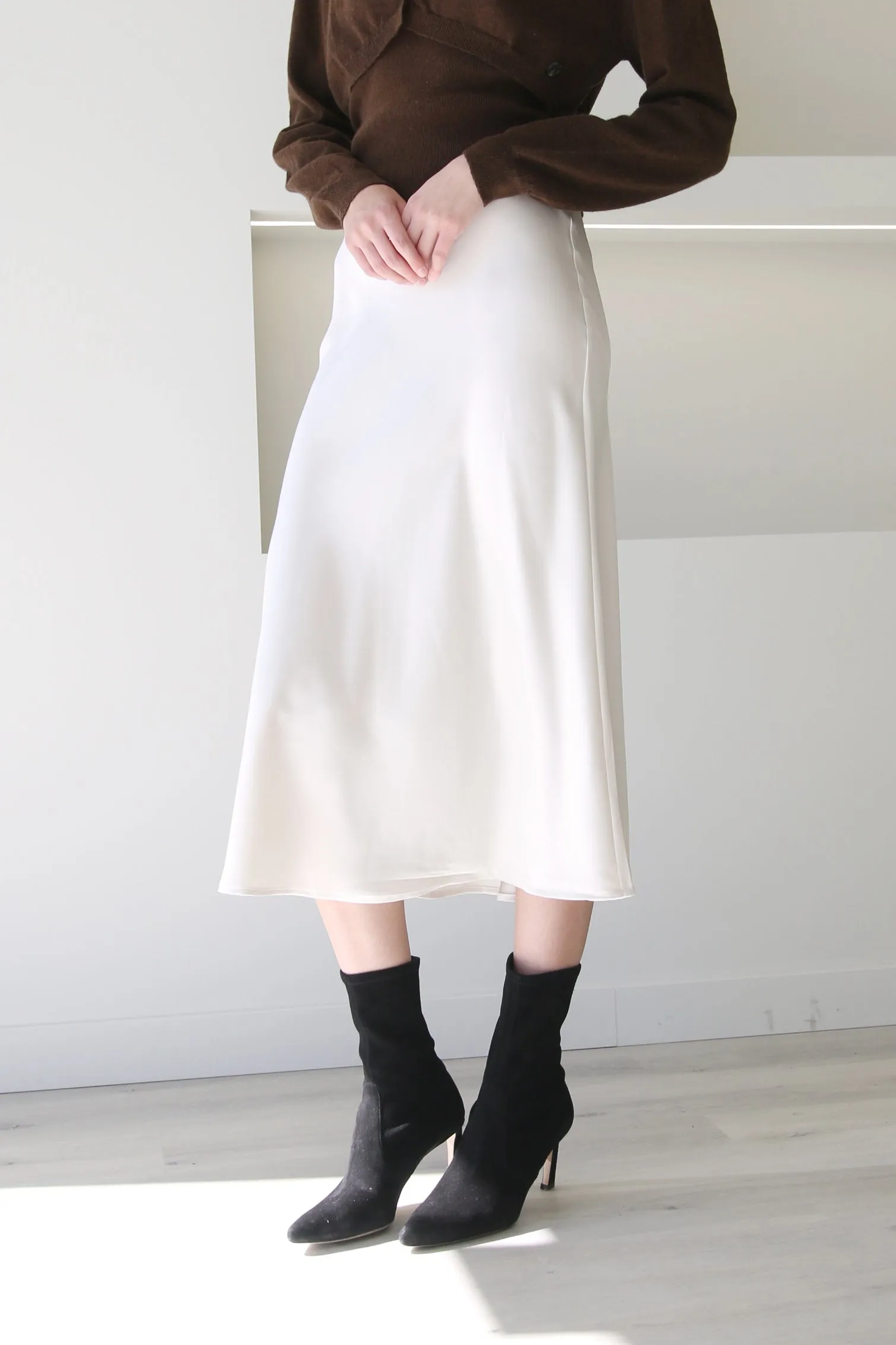 High Waist A-Line Midi Satin Skirt Ivory