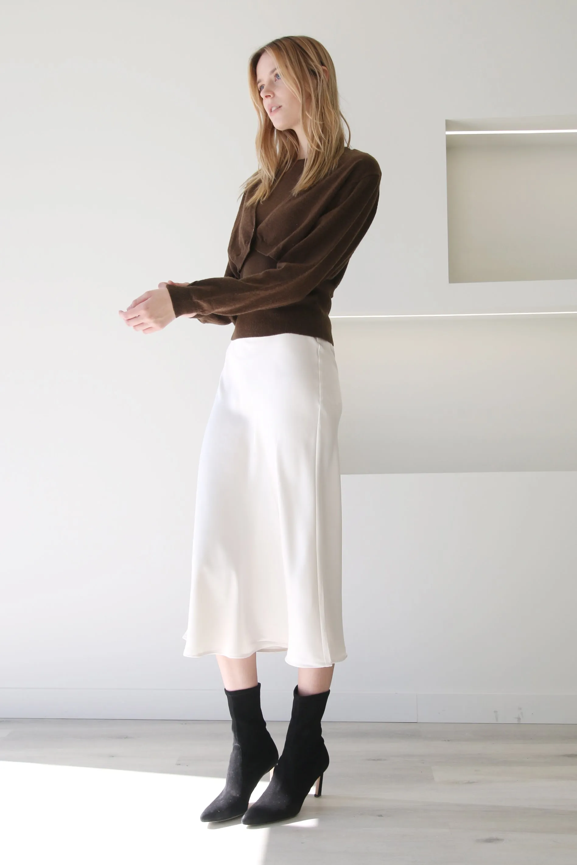 High Waist A-Line Midi Satin Skirt Ivory