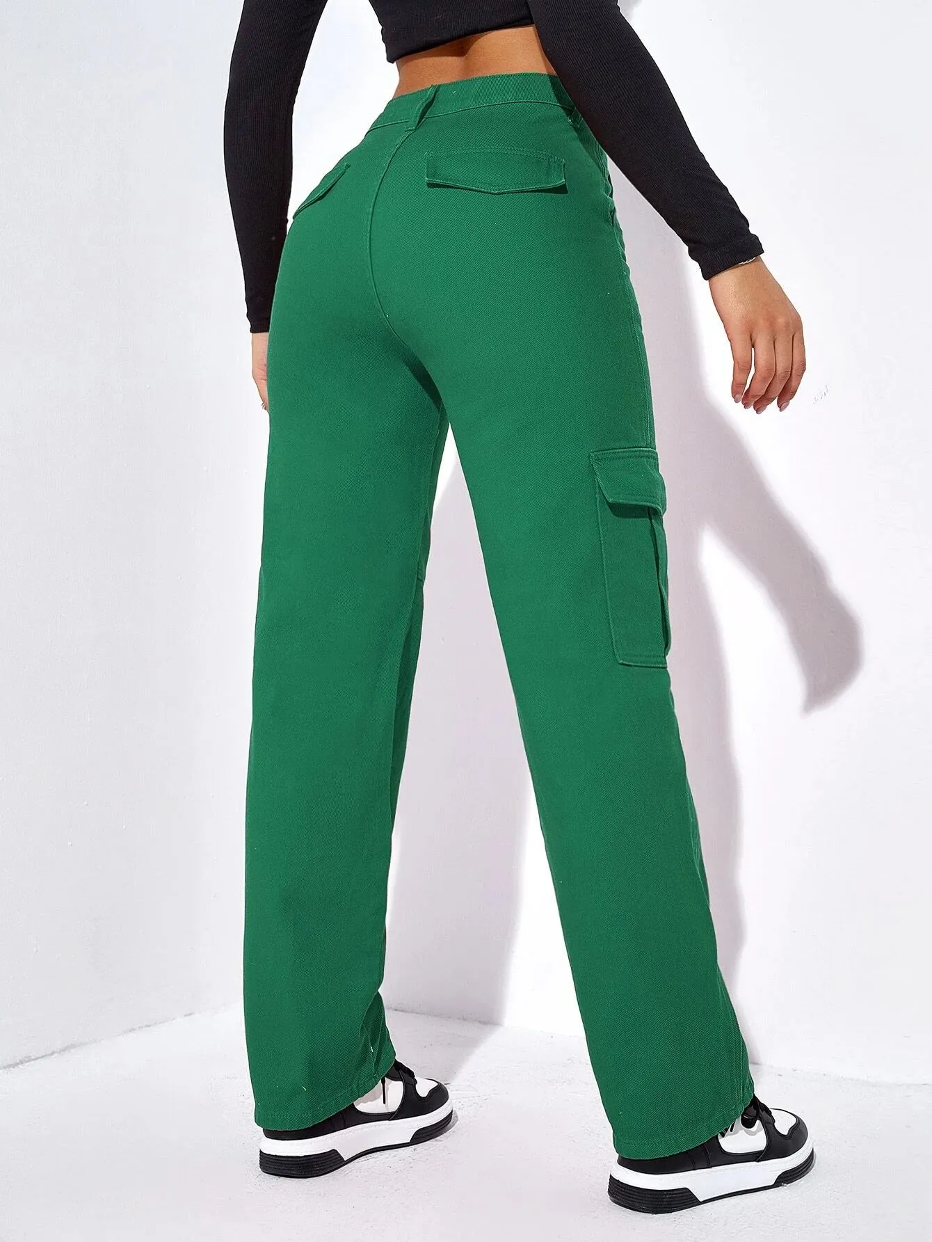 High Waist Flap Pockets Cargo Jeans