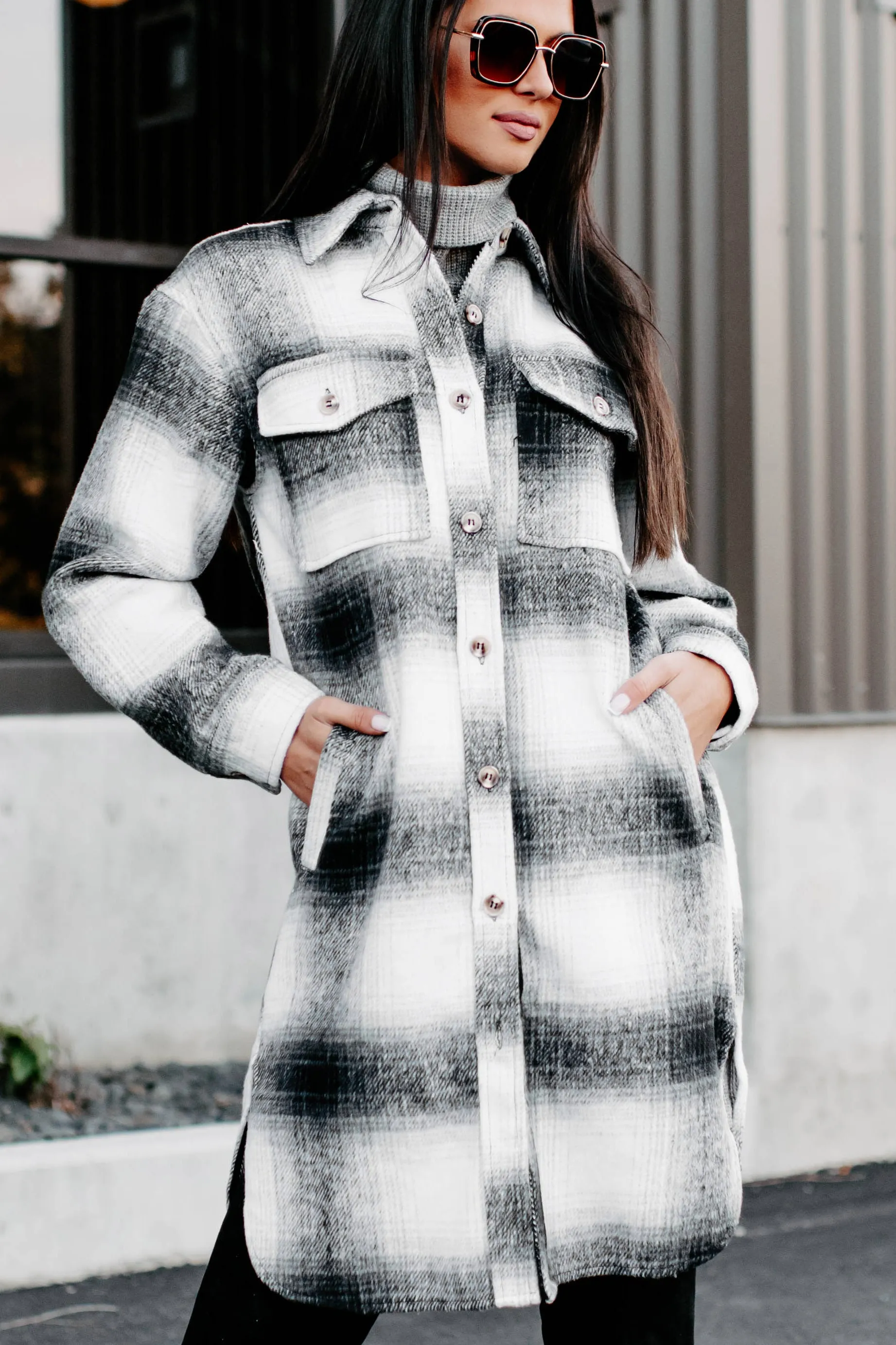 Just Be Sure Long Plaid Shacket (Black/Grey/White)