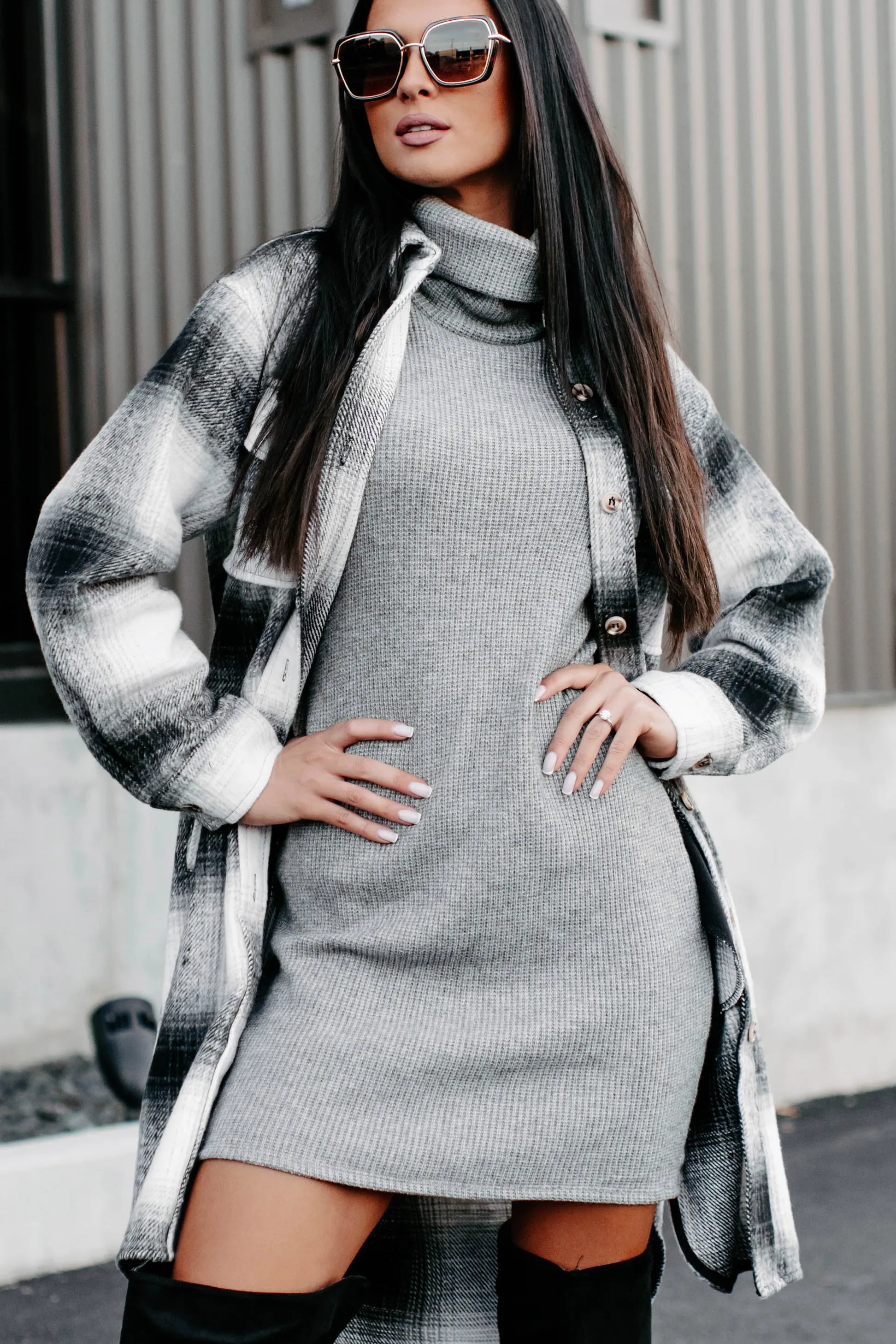 Just Be Sure Long Plaid Shacket (Black/Grey/White)