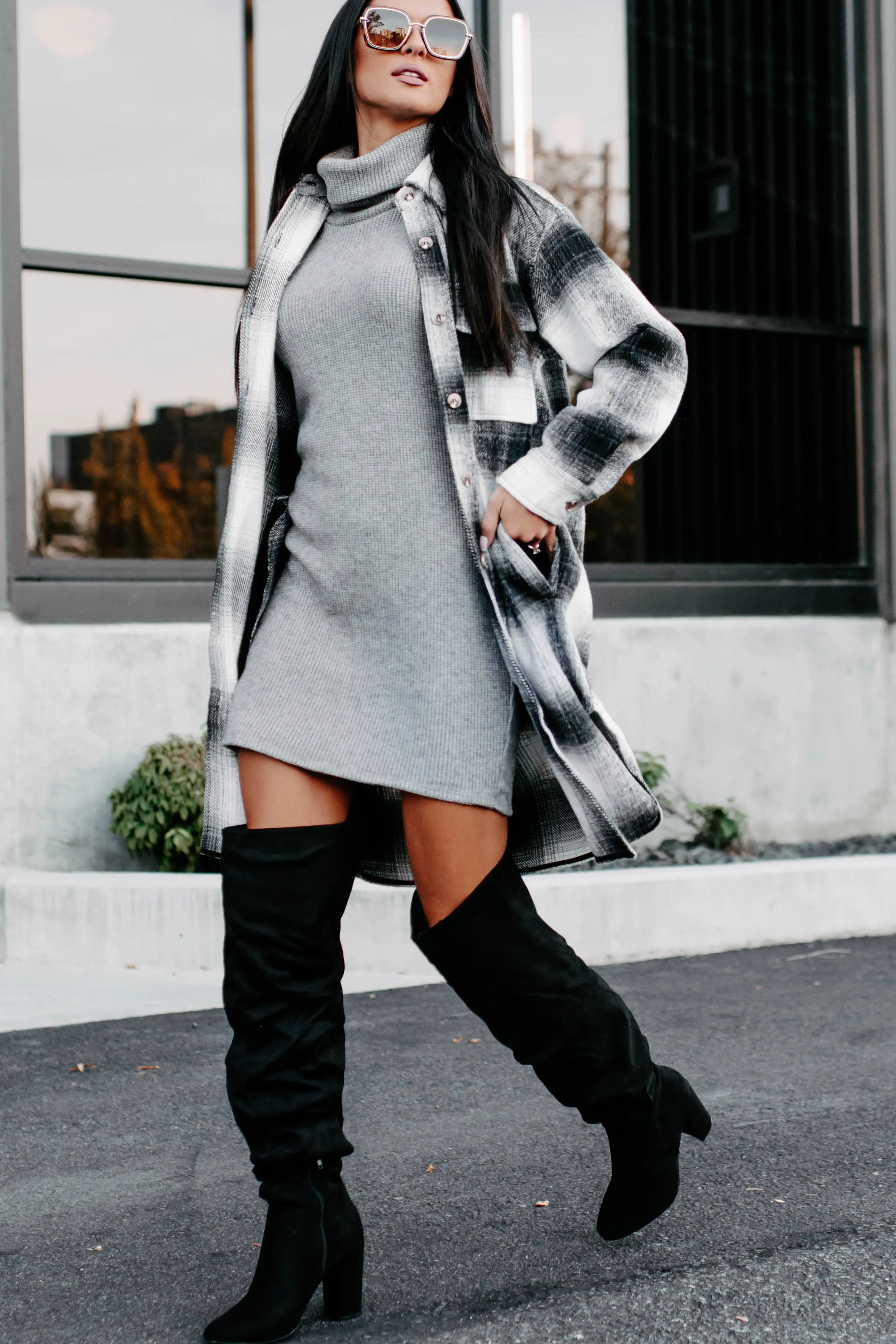 Just Be Sure Long Plaid Shacket (Black/Grey/White)