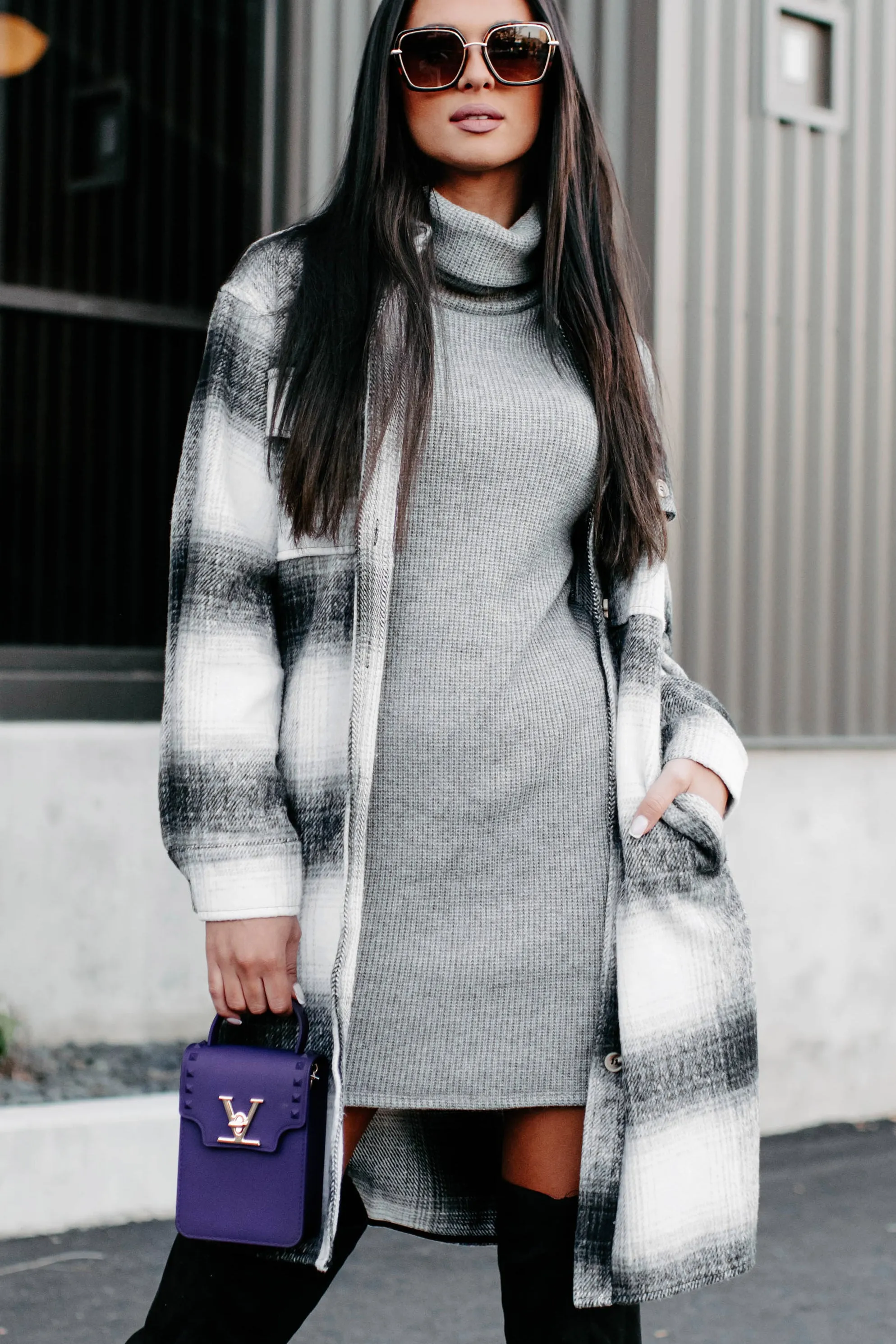 Just Be Sure Long Plaid Shacket (Black/Grey/White)