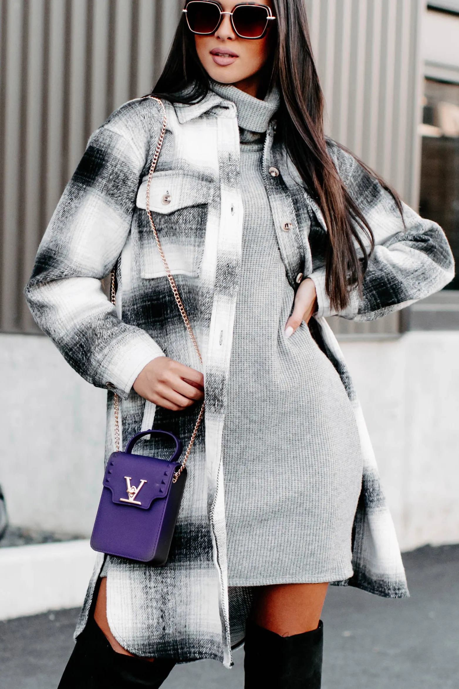 Just Be Sure Long Plaid Shacket (Black/Grey/White)