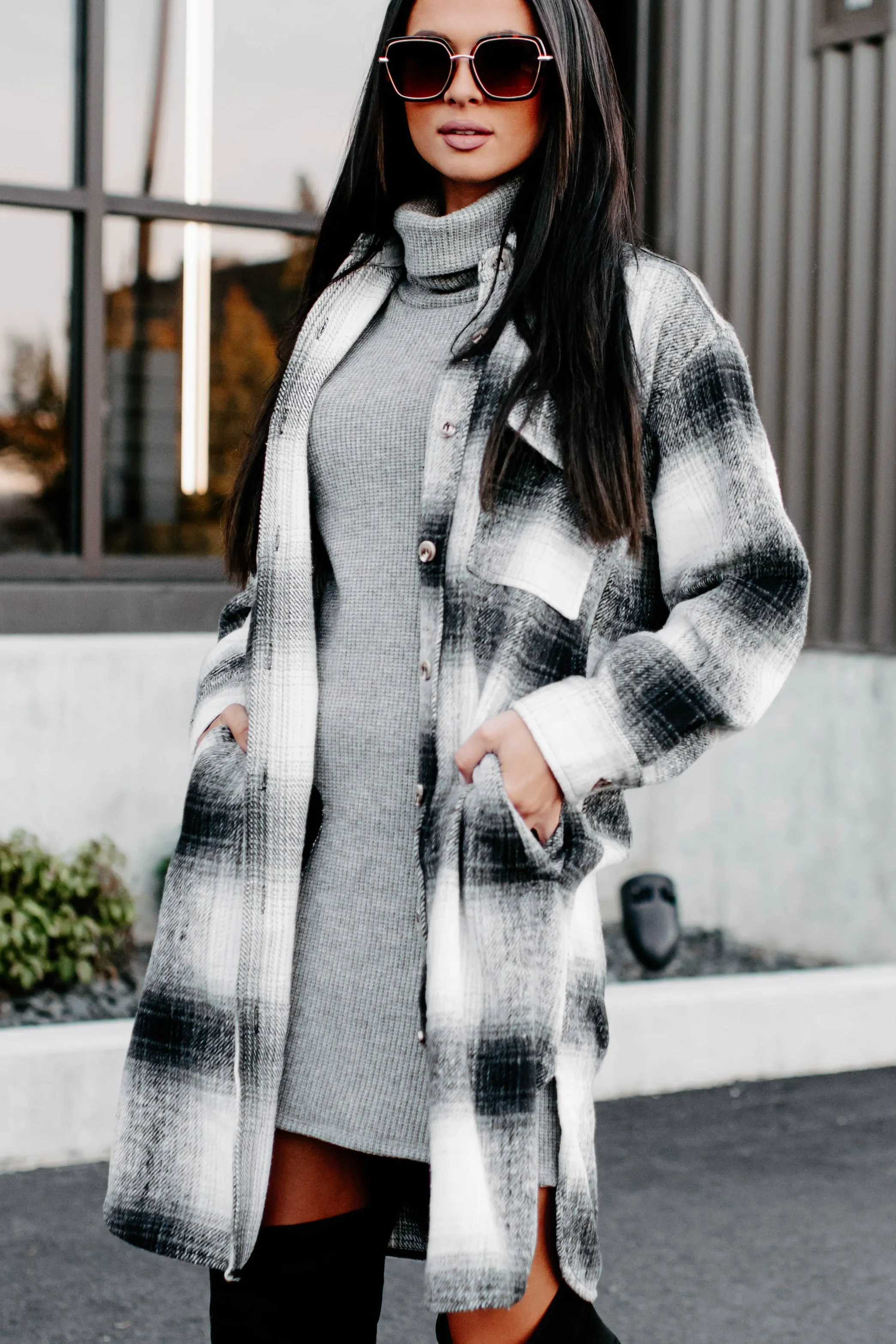 Just Be Sure Long Plaid Shacket (Black/Grey/White)