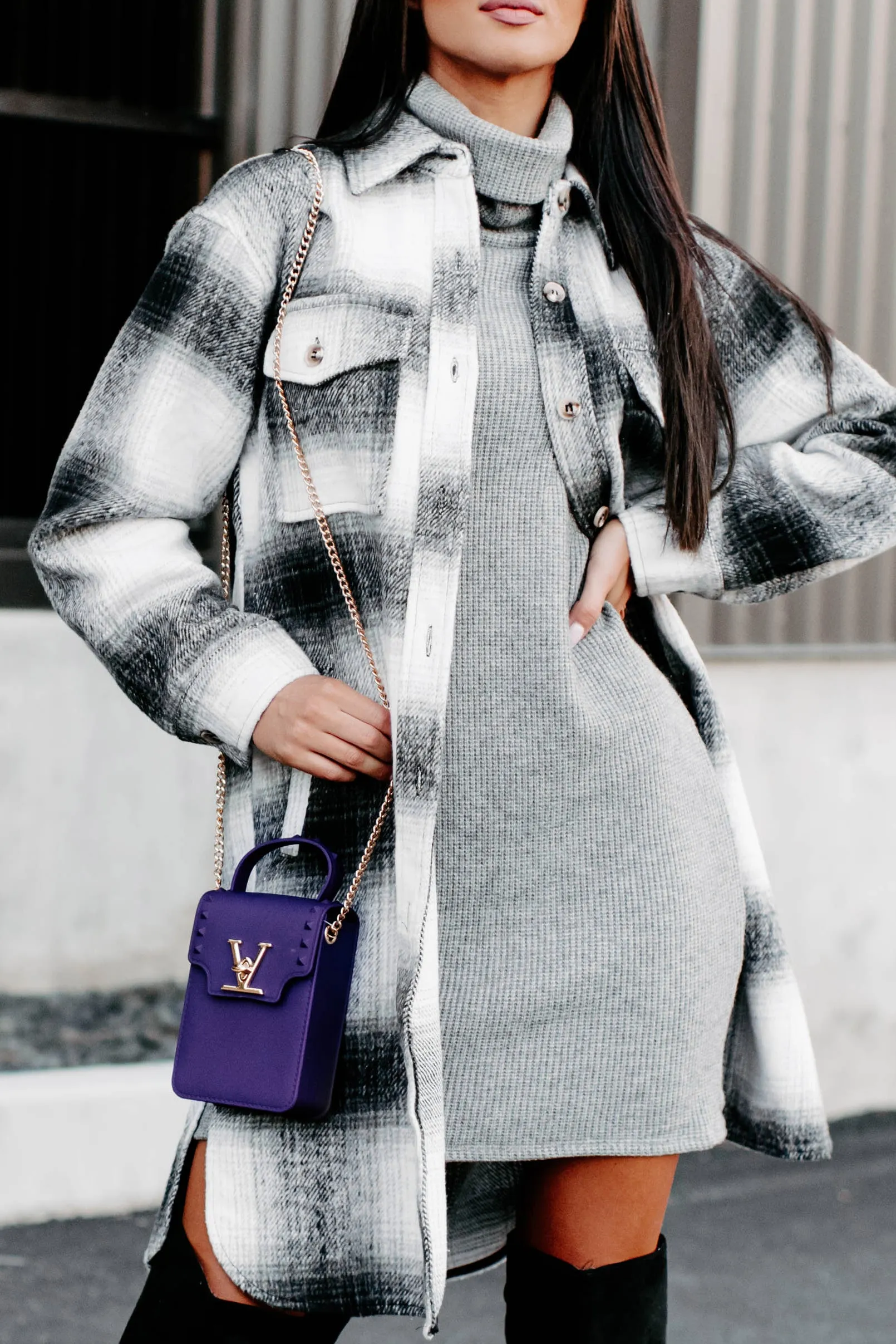 Just Be Sure Long Plaid Shacket (Black/Grey/White)