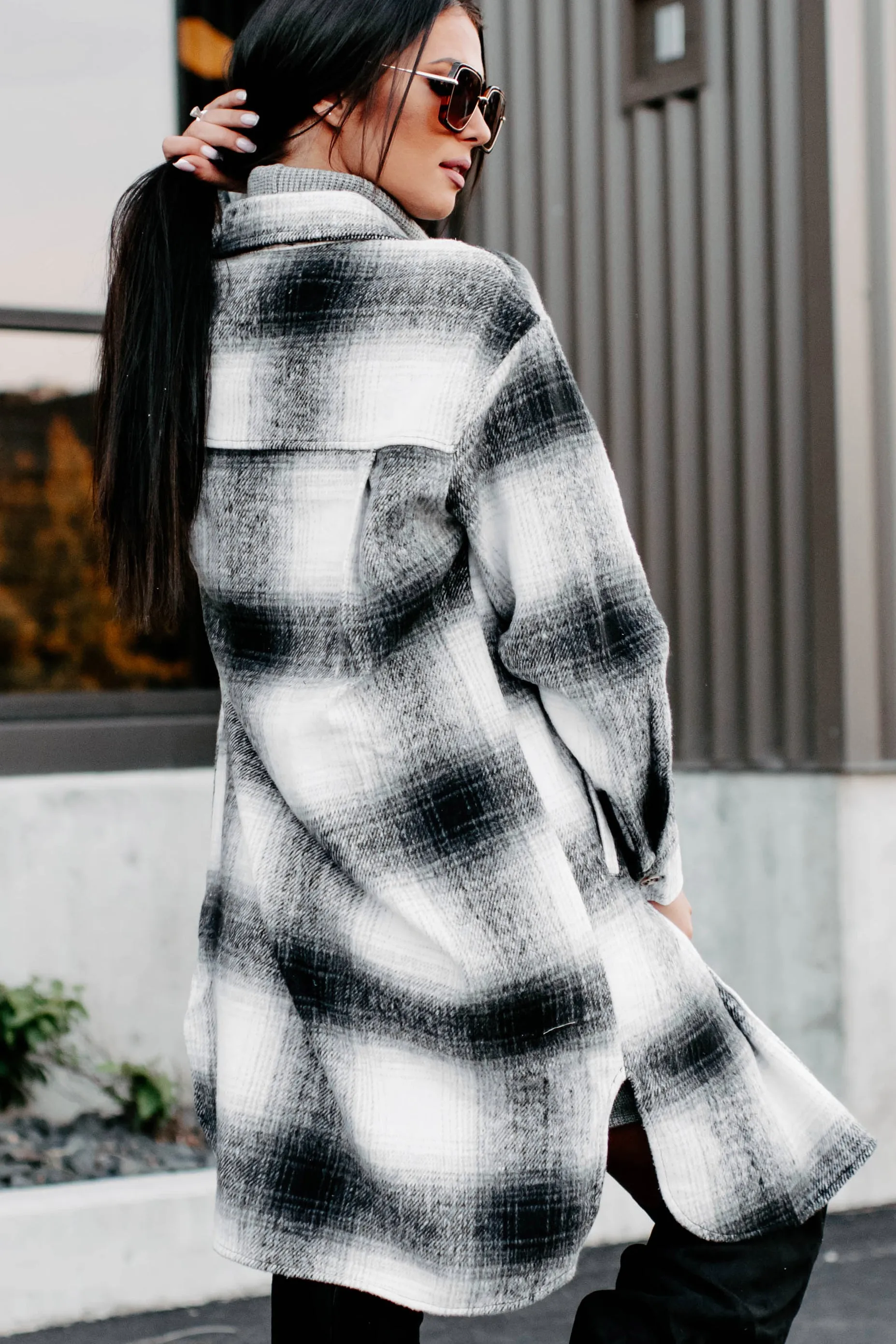 Just Be Sure Long Plaid Shacket (Black/Grey/White)