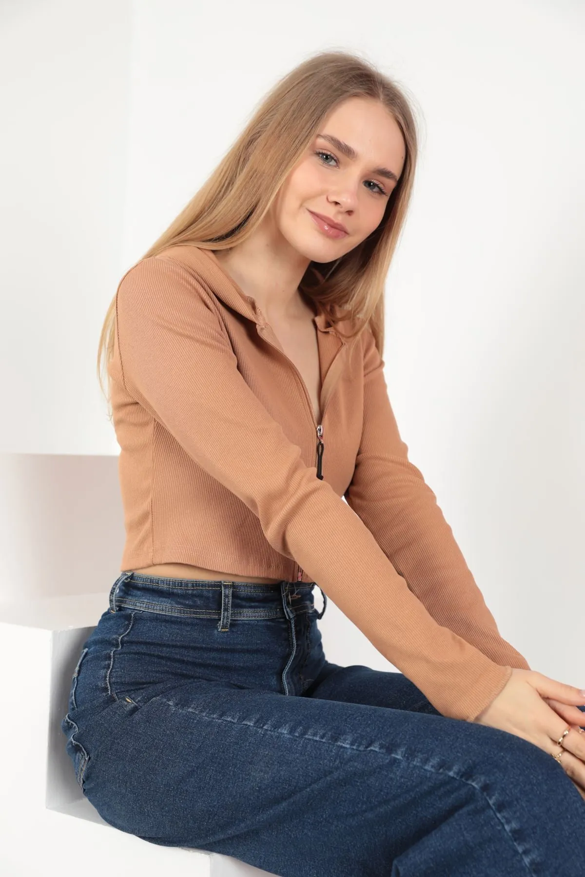 KKT Camisole Fabric Crop Zipper Women's Cardigan-Brown - Saint-Jérôme