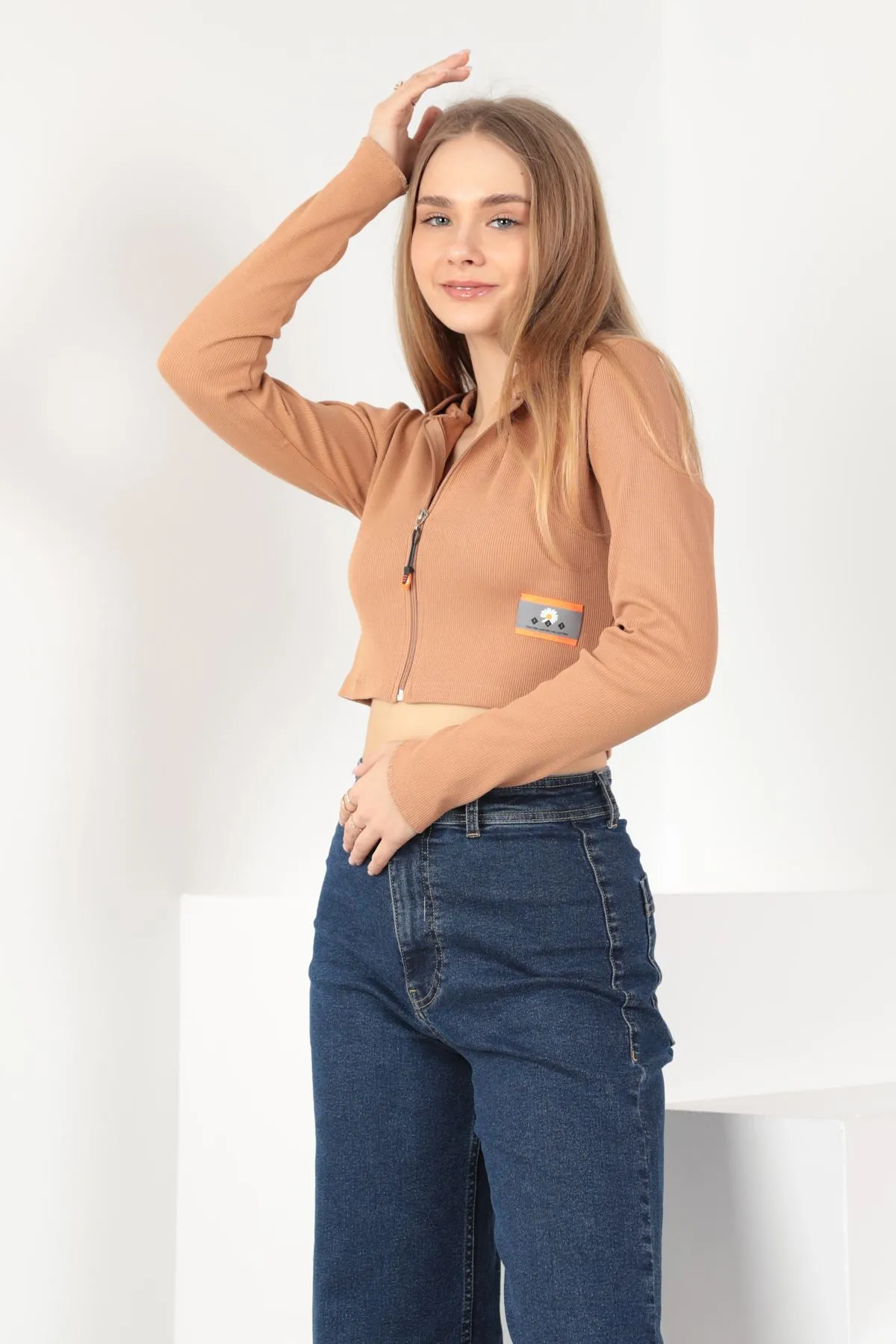 KKT Camisole Fabric Crop Zipper Women's Cardigan-Brown - Saint-Jérôme