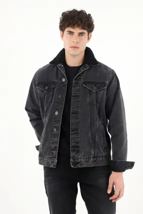 Men's Black Shearling Collar Trucker Jacket