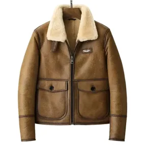 Men's Brown Shearling Lapel Jacket – Short Style B3 Bomber Coat