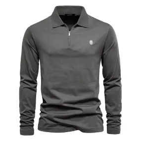 Men's Long Sleeve 100% Cotton Solid Color Polo Shirt