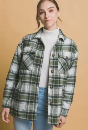 Olive Plaid Sherpa Lined Shacket w/Pockets