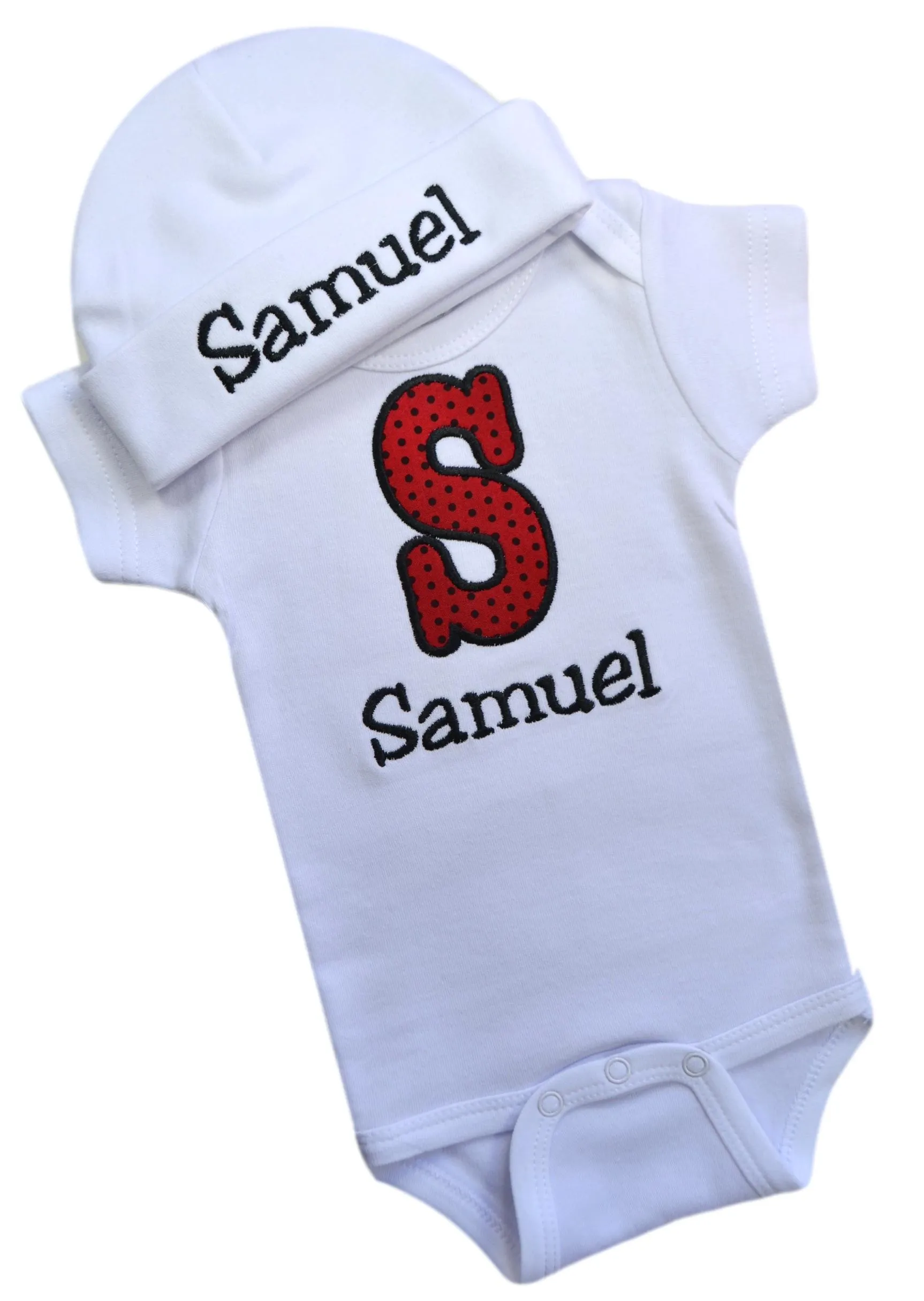 Personalized Embroidered Baby Boys Bubble Initial Bodysuit with Matching Cotton Beanie Hat - Your Custom Name