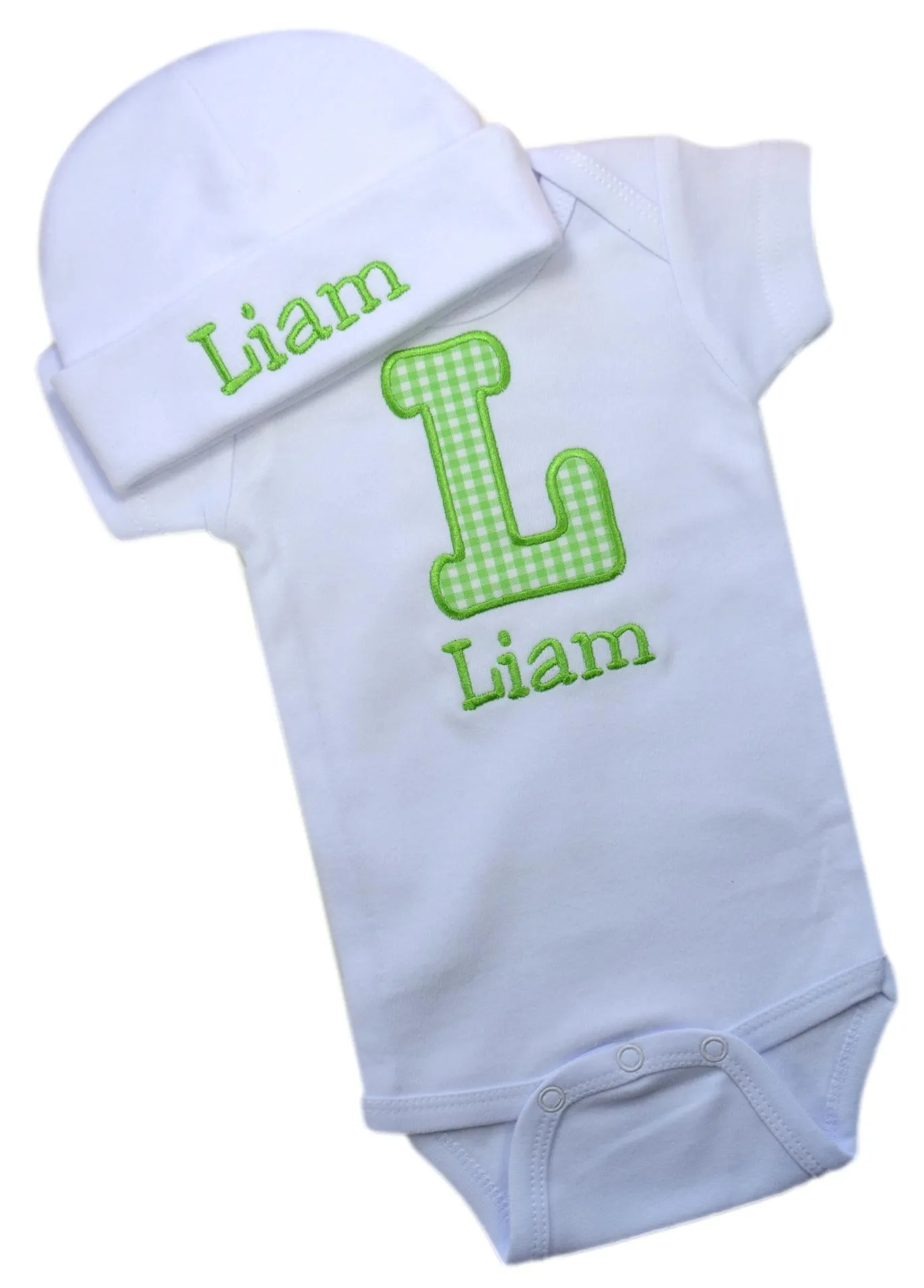 Personalized Embroidered Baby Boys Bubble Initial Bodysuit with Matching Cotton Beanie Hat - Your Custom Name