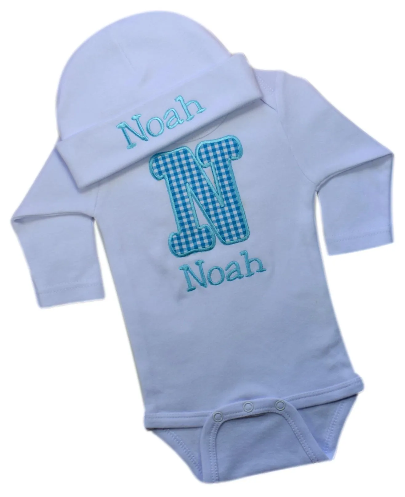 Personalized Embroidered Baby Boys Bubble Initial Bodysuit with Matching Cotton Beanie Hat - Your Custom Name