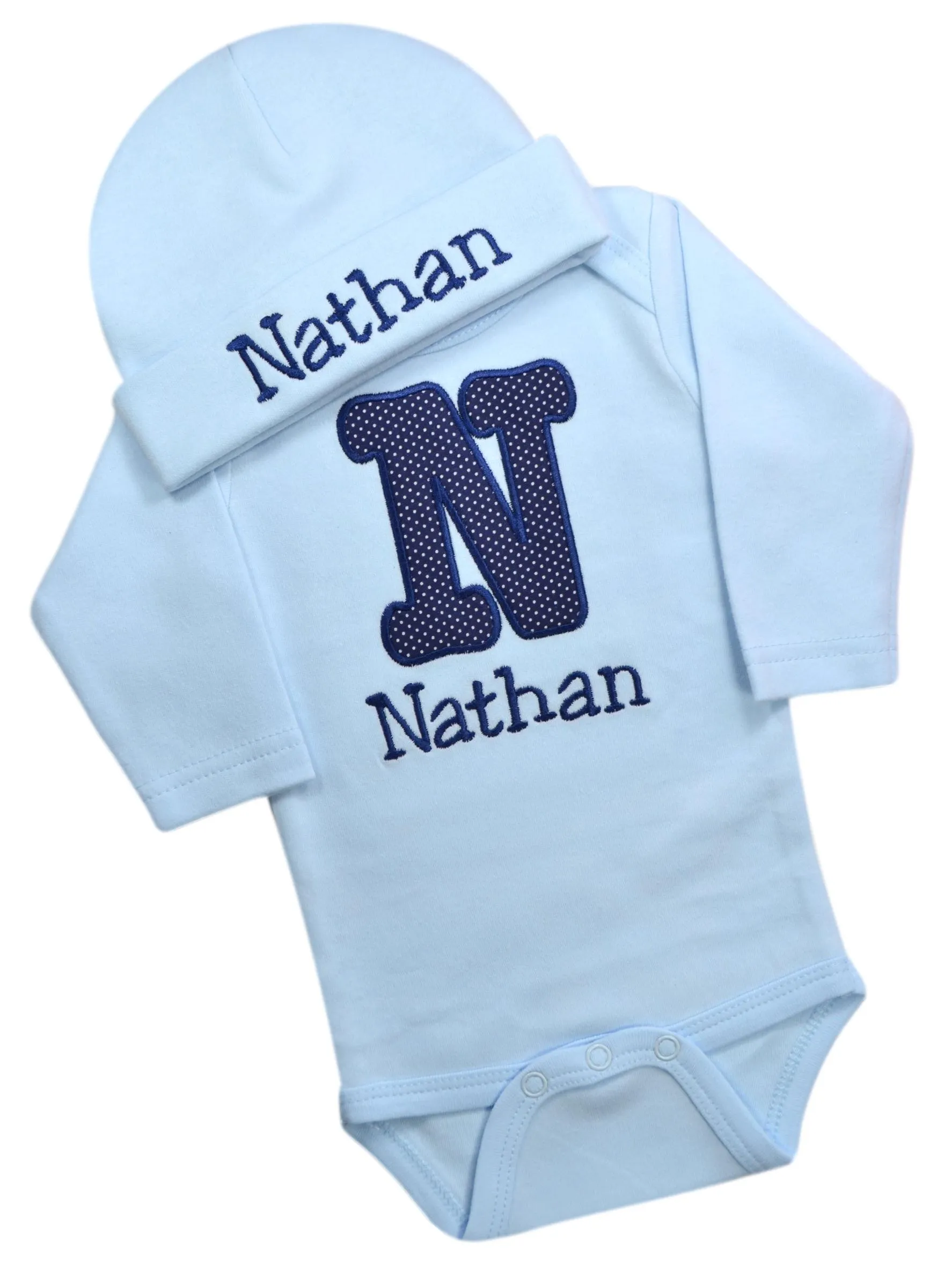 Personalized Embroidered Baby Boys Bubble Initial Bodysuit with Matching Cotton Beanie Hat - Your Custom Name