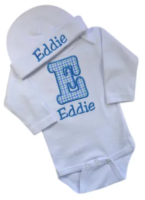 Personalized Embroidered Baby Boys Bubble Initial Bodysuit with Matching Cotton Beanie Hat - Your Custom Name